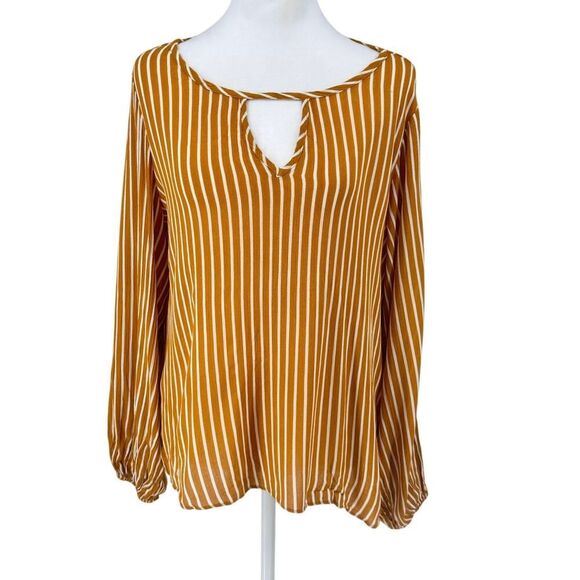 🌟 EVERLY Mustard Yellow & White Striped Long Sleeve Blouse Boho Chic V-Neck Top - Picture 2 of 10